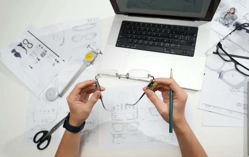 Hands holding glasses over design blueprints, illustrating learning from fabrication and design feedback